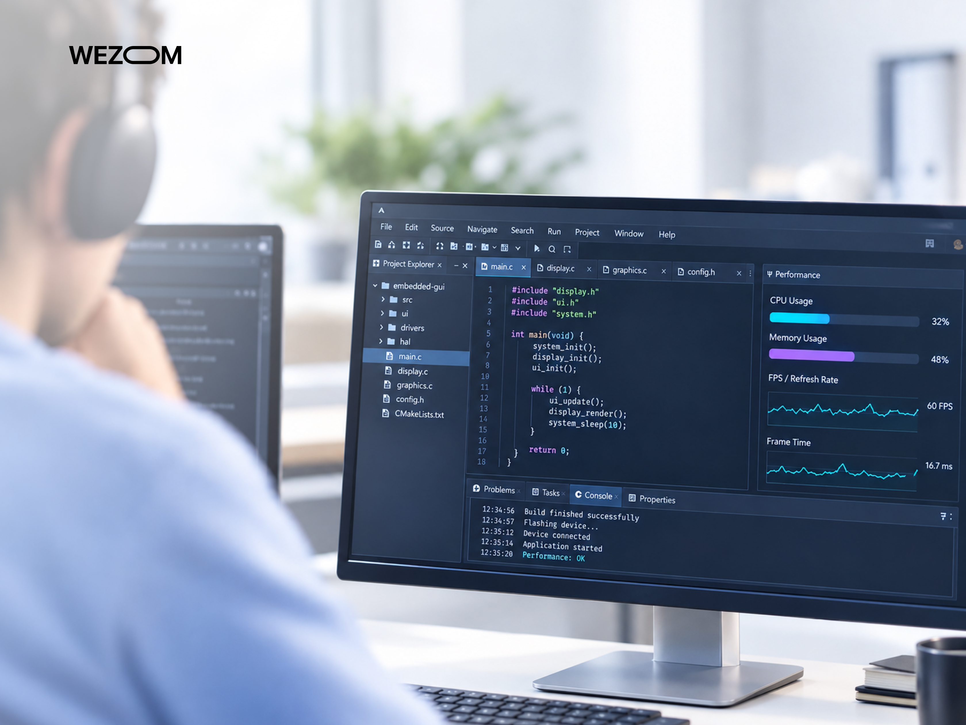 Embedded GUI development environment with C code and interface performance monitoring